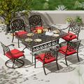 Magic Union 7 Pieces Outdoor Dining Set Cast Aluminum Retro Patio Dining Set Includes 59 Rectangular Dining Table with Umbrella Hole 4 Stackable Dining Chairs and 2 Swivel Chairs with Red Cushions