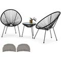 YFbiubiulife 3-Piece Patio Acapulco Chairs Set All-Weather Wicker w/Pillow & Glass Top Table Outdoor Rattan Conversation Set for Porch Garden Balcony Deck Poolside Black