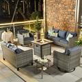 HOOOWOOO Patio Outdoor Conversation Set with Fire Pit Table 9 Pieces Outside Furniture Sofa Set with PE Wicker Swivel Rocking Chairs Gas Fire Pit Table and Coffee Side Table Denim Blue