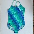 Nike Swim | Nike Swimsuit Girls 14 Cross Back Stripe Geometric Green Beach Swim One Piece | Color: Blue/Green | Size: 14 (Girl)