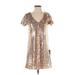 Lulus Cocktail Dress - Mini V-Neck Short sleeves: Gold Print Dresses - New - Women's Size X-Small