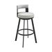 Ami 30 Inch Swivel Barstool Chair, Gray Faux Leather, Black Iron Frame