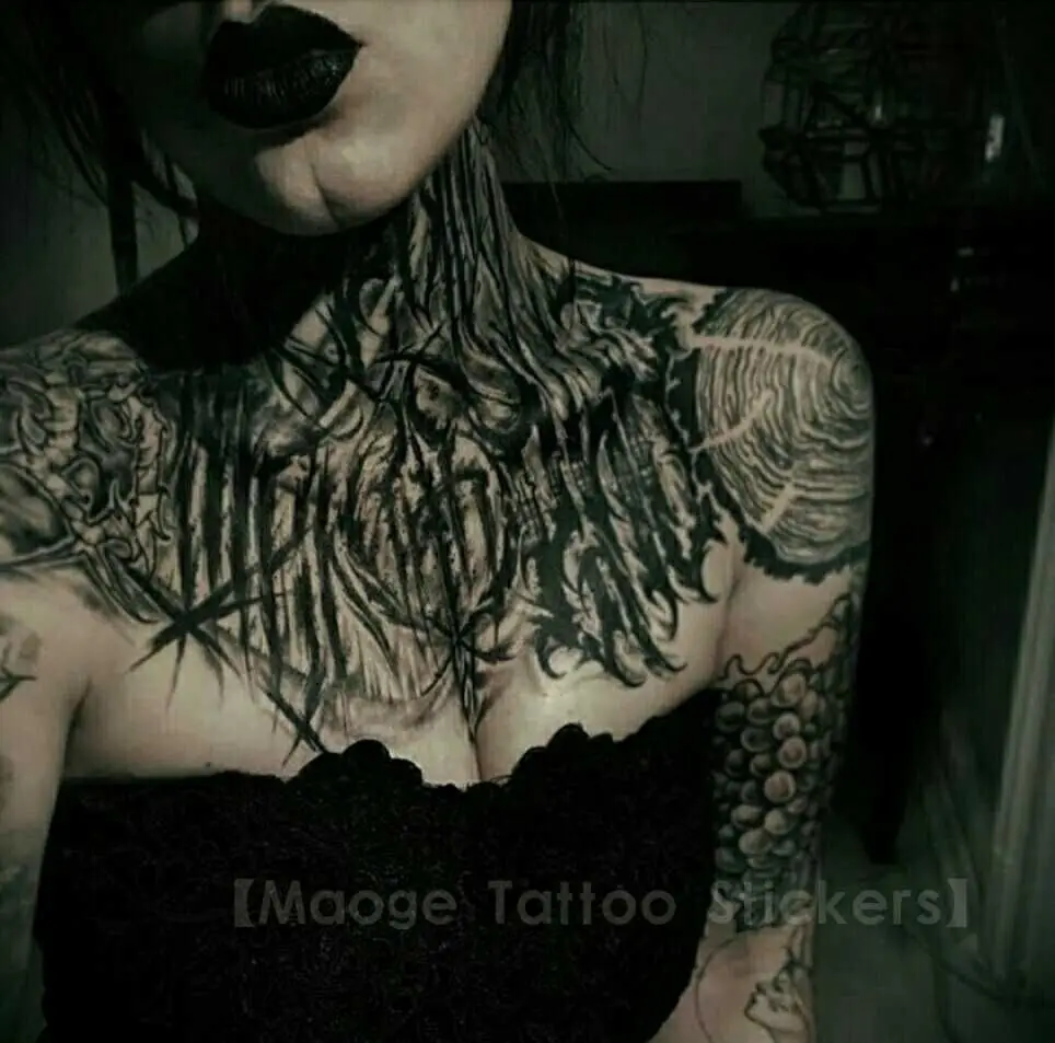 Punk Schwarz Tattoo Dauerhafte Gefälschte Tattoos für Frau Männer Hals Brust Goth Große Tattoos Hip Hop Wasserdicht Temporäre Tattoo Aufkleber