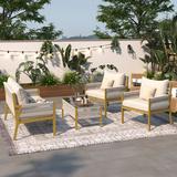 Hokku Designs Marcilla Rectangular 4 - Person 35.4" Long Outdoor Dining Set w/ Cushions Glass/Metal in Yellow | 35.4 W x 19.4 D in | Wayfair