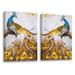 Red Barrel Studio® Blue Peacocks w/ Golden Feather Framed On Canvas 2 Pieces Set Canvas | 12 H x 18 W x 3 D in | Wayfair