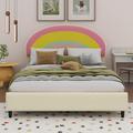 Ebern Designs Upholstered Platform Bed w/ Rainbow Shaped, Adjustable Headboard & LED Light Strips Upholstered in White | Wayfair