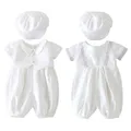 Baby White Formal Jumpsuit Infant Short Button Baptism Romper+Cap Christening Gown for Newborn Baby