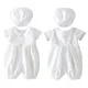 Baby White Formal Jumpsuit Infant Short Button Baptism Romper+Cap Christening Gown for Newborn Baby