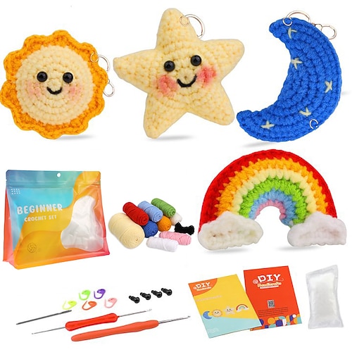 Anfängerset zum Häkeln mit Schritt-für-Schritt Videoanleitungen Strickset für Anfänger Süßer Sonnenregenbogen Stern Mond Liebe Anhänger Handgemachte Wolle Häkeln Material Tasche Weihnachtsgeschenk