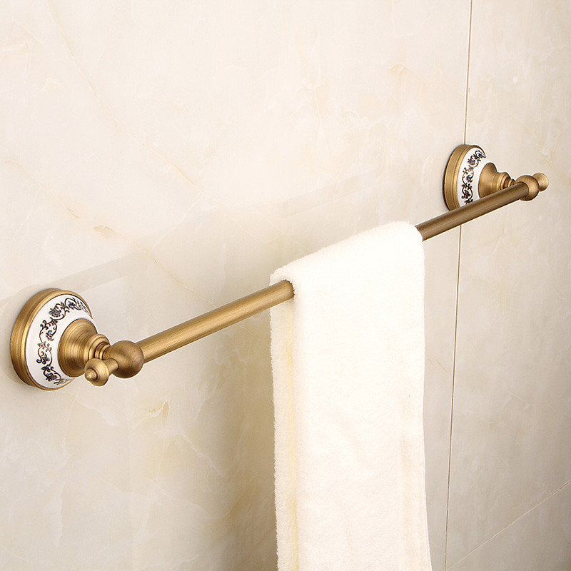 Multifunction Brushed Brass Towel holder Antique Brass and Ceramic Printing Bathroom Shelf Single Rod Wall Mounted Electroplated
