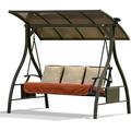 Royard Oaktree 3-seat Patio Swing Chair with Solar LED Light and Folding Side Tables Outdoor Swing Glider with Adjustable Canopy and Cushions Heavy-Duty Hanging Bench for Backyard Poolside Balcony