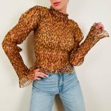 Free People Tops | Free People Hello There Smocked Mesh Leopard Print Long Sleeve Top | Color: Brown/Tan | Size: S