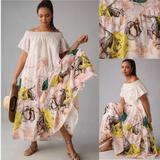 Anthropologie Dresses | Anthropologie Pia Binazzi Tiered Off-The-Shoulder Dress Floral Fish Print Boho | Color: Pink/Yellow | Size: Xl