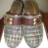 Coach Shoes | Coach Pre-Owned Claude Boucle Tweed Leather Mule Slide High Heel Green 7 | Color: Green | Size: 7