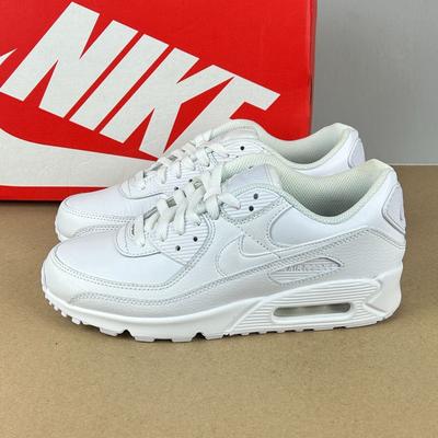 Nike Shoes | Nike Air Max 90 Ltr Leather Athletic Shoes Womens 9 Triple White Low Lace Up | Color: White | Size: 9