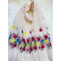 White Thin Floral Embroidery Scarf For Women, Hand Made Scarf, Women Accessories, Scarf, Women Cover Beach Wrap, Sarong Girls