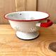 Vintage enamel colander, white and red enamelware colander, strainer