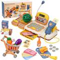 Biapian 42 Pcs Kids Cash Register, Toy Till Cash Register with Scanner, Pretend Shopping Trolley Toy Real Calculator, Play Food, Play Money for 3+ Year Old Boy/Girl Gift Role Play Shopping for Toddler