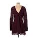 Free People Cocktail Dress - A-Line Plunge Long sleeves: Burgundy Print Dresses - Women's Size 4