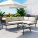 3-Piece PE Rattan Patio Furniture Set, All Weather Patio Metal L-Shaped Sectional Conversation Set with Cushions & Glass Table