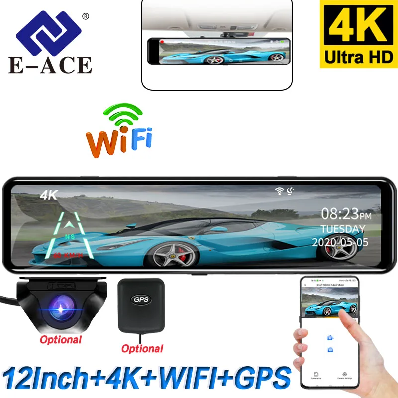 ACCEO 4K WIFI Dashcam 12 Zoll Auto DVR Rückspiegel Recorder Dash Cam Unterstützung 1080P Sony Black Box rückansicht Kamera Zubehör Image
