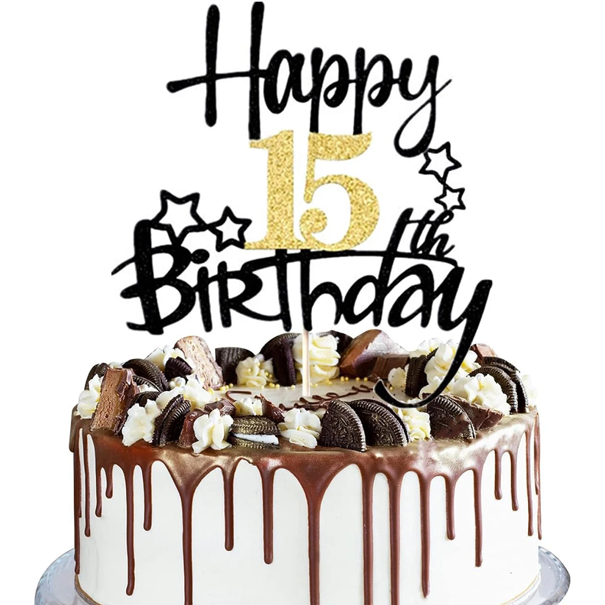 2 Stück Gold Schwarz Happy15th Geburtstag Kuchenaufsatz für Geburtstagstorte Dekorationen für Jubiläumsfeier Dekorationen Zubehör Image