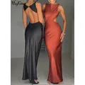 Hugcitar-Robe de Bal en Satin pour Femme Élégante Dos aux Bouton Solide Sexy Slim Maxi Tenue