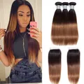 Mèches Brésiliennes Naturelles Remy Lisses avec Closure Extensions de Cheveux de Couleur Blond