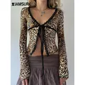 IAMSURE-T-shirt à manches longues à col en V profond pour femmes bandage fendu en dentelle léopard