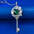 Wong Rain Vintage 925 Sterling Silver Oval Emerald Pearl High Carbon Diamond Gemstone Fine Necklace