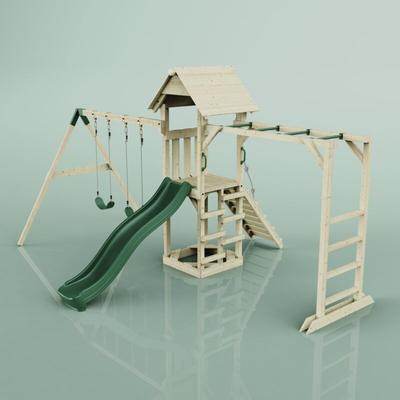 Rebo Klettergerüst aus Holz mit Wellenrutsche Outdoor Spielturm mit Doppel-Kinderschaukel,