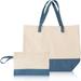 Canvas Tote Bag and Makeup Bag Set for Women - Two-Tone Top Zipper Closure Inner Pocket - Multipurpose Shoulder Bag
