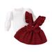 Jalioing Baby Girls 2 Piece Corduroy Skirts Sets Lantern Long Sleeve Top with Bow Overall Skirt Dressy Suits (12-18 Months Red)