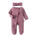 Hirigin Solid Color Frills Bodysuits with Headband for Baby Girls