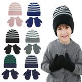 KYAIGUO 2PCS Kids Baby Boys Girls Hat with Pom and Glove 2-Piece Set Infant Striped Woolen Hat Warm Gloves Outfit 18M-8Y