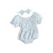 Adorable Short Sleeve Pleated Floral Bodysuit with Headband for Newborn Girls