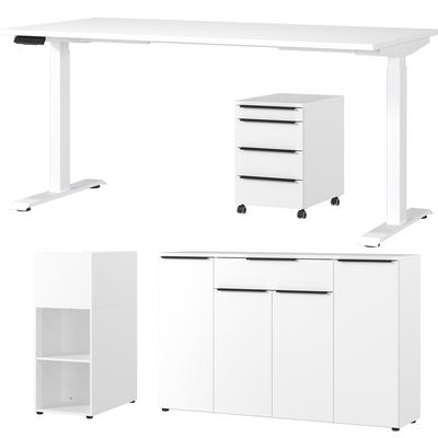 Büromöbel-Set GERMANIA "Mailand", weiß, Elektrisch höhenverstellbar-Rollcontainermit 4 Schubladen, oberste Schublademit Utensilienfach-Raumteiler (Regal)mit einem großen offenen Fach-Türen/ Schubladen schließen durch integrierten Dämpfer sanft... Image