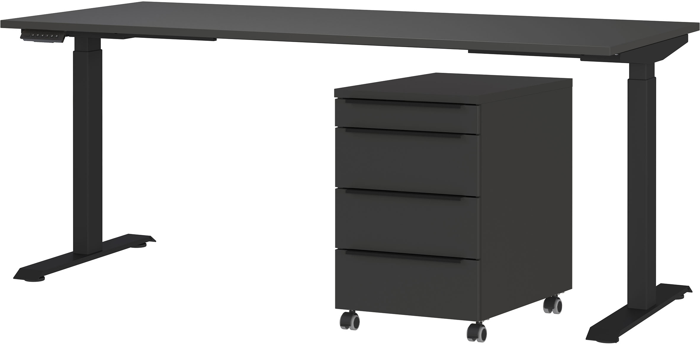 Büromöbel-Set GERMANIA "Mailand, inkl. Schreibtisch (elektr. höhenverstellbar) & Rollcontainer", grau (graphit), B:180cm H:75,05cm T:80cm, Metall, Spanplatte, Arbeitsmöbel-Sets, Büromöbel-Set, Breitenvariante wählbar (140-180 cm), Made in Germany