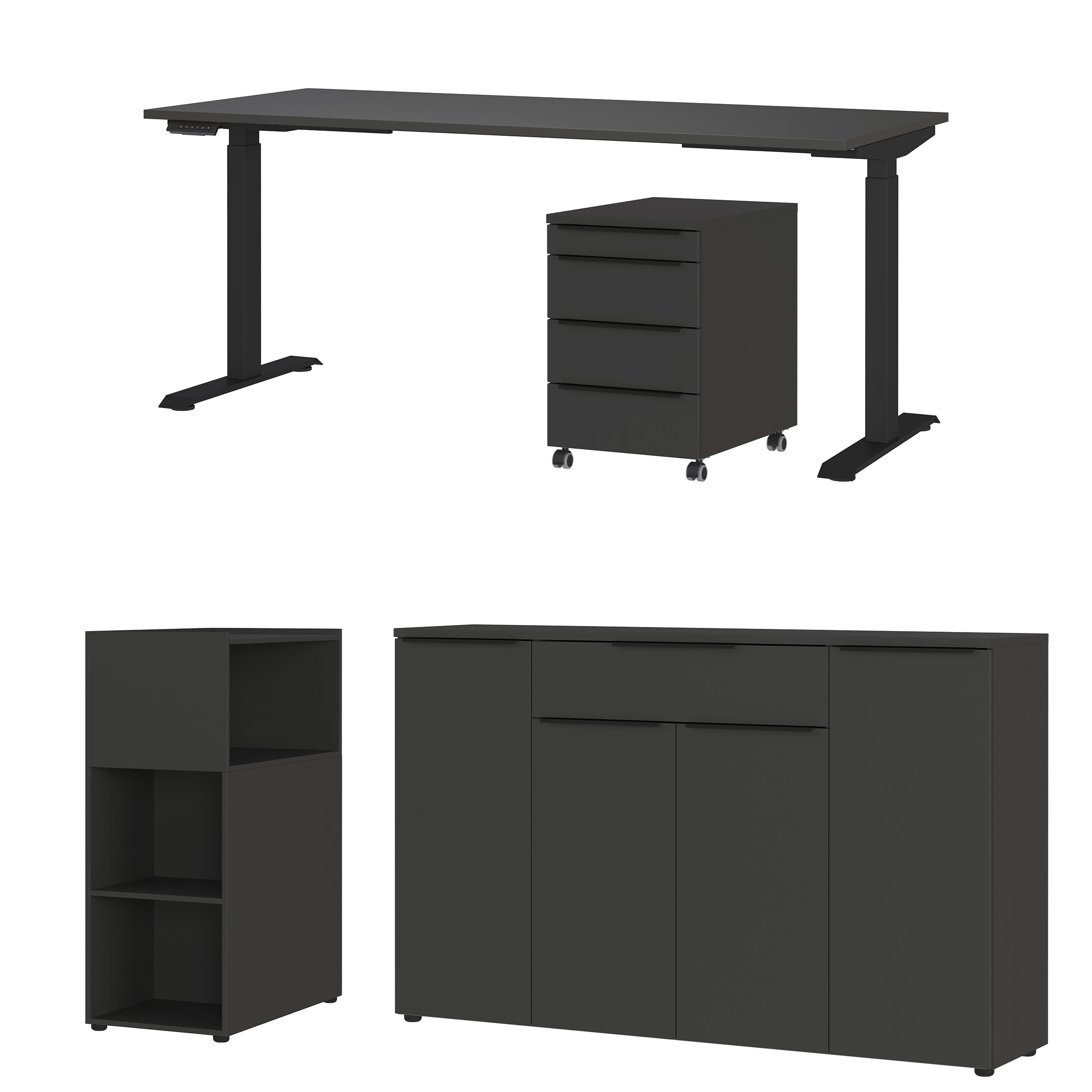 Büromöbel-Set GERMANIA "Mailand", grau (graphit), Schreibtisch Breite 180cm Metall Spanplatte, Metall, Spanplatte, Arbeitsmöbel-Sets, Büromöbel-Set, inkl. Schreibtisch, Rollcontainer, Raumteiler und Sideboard