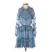 o.p.t Casual Dress Mock Long Sleeve: Blue Acid Wash Print Dresses - Women's Size Small