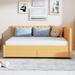 Semi-closed Upholstered Daybed L-shape Guardrail Linen Fabric Sofa Bed with Underbed Wheels No Box Spring Needed Wood Slat Frame