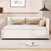 Semi-closed Upholstered Daybed L-shape Guardrail Linen Fabric Sofa Bed with Underbed Wheels No Box Spring Needed Wood Slat Frame