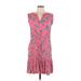 Ann Taylor LOFT Outlet Casual Dress - Fit & Flare V-Neck Sleeveless: Pink Floral Motif Dresses - Women's Size Large