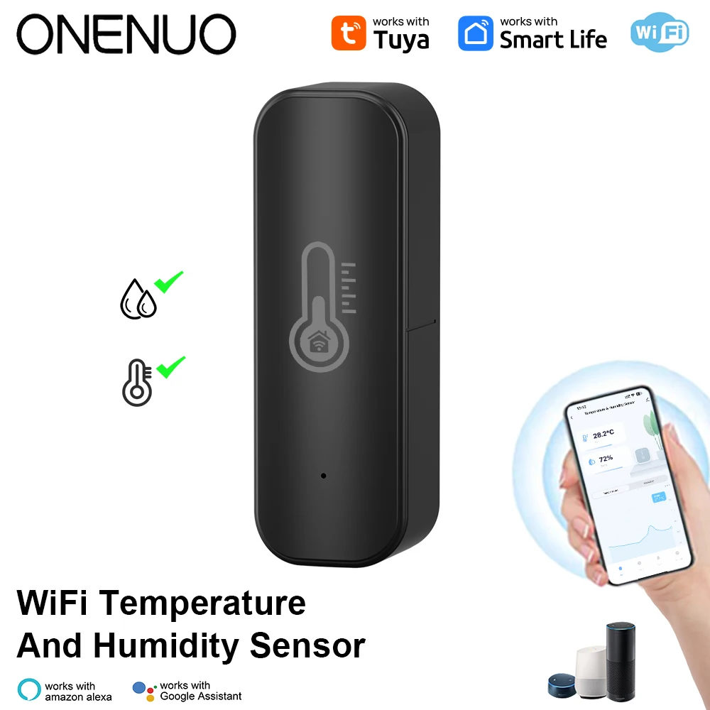 Onenuo tuya smart temperatur-und feuchtigkeit sensor wifi app fernbedienung monitor für smart home var smart life arbeit mit alexa (schwarz) Image