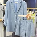 Coreano moda estate primavera sottile giacca a righe blu vestito per le donne Blazer e pantaloncini