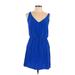 AU Amanda Uprichard Casual Dress - Mini V-Neck Sleeveless: Blue Print Dresses - Women's Size Large