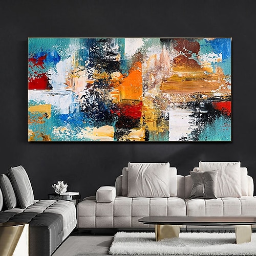 Handgefertigtes Ölgemälde auf Leinwand, Wandkunst, Dekoration, abstrakte Messermalerei, blaue Landschaft, für Wohnkultur, gerollt, rahmenlose Unshi-Malerei Image