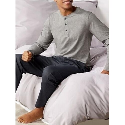 Herren Hausanzug Schlafanzüge Schlafanzug Set Pyjama-Oberteil und Hose 2 Stück Glatt Stilvoll Brautkleider schlicht Komfort Heim Täglich Baumwollmischung Komfort Henley Langarm T Shirt Hose Kordelzug Image