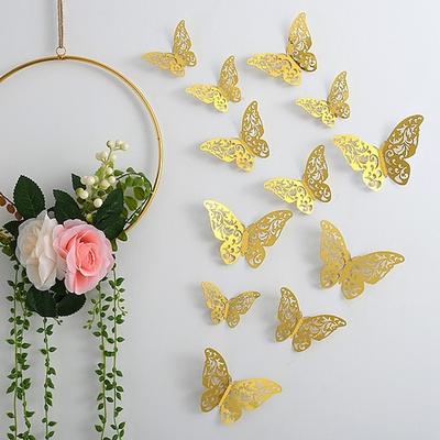 12 goldene Schmetterlingsdekorationen – 3D-Wandkunst für Partys, Bastelarbeiten und Babypartys – einfach anzubringende Aufkleber für eine schöne und elegante Dekoration. Image