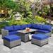 Outdoor Patio Silver Gray Rattan 9 Piece Sectional Furniture Set PE Wicker Conversation Sofa Chairs with Glass Top Storage Table Navy Blue Cushion and Free Furniture Cover